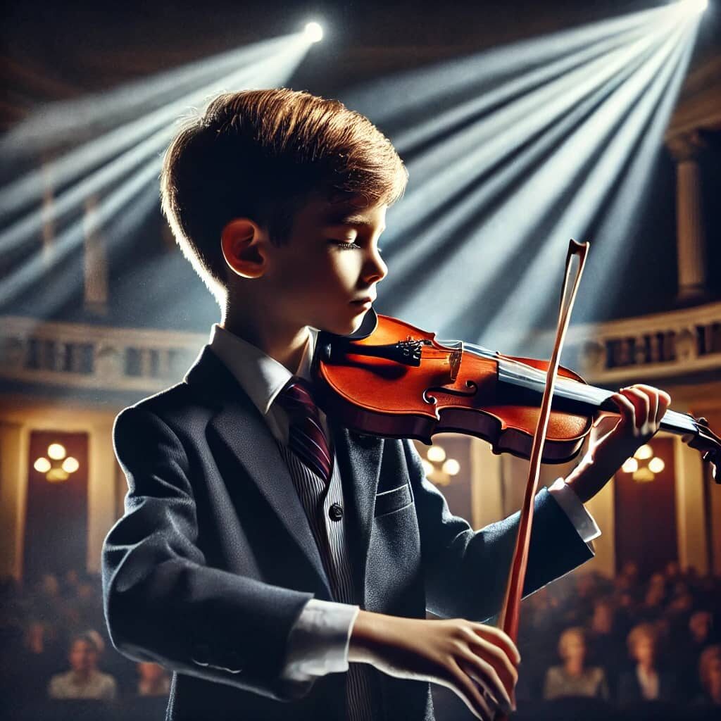 little boy playing violin under the lights