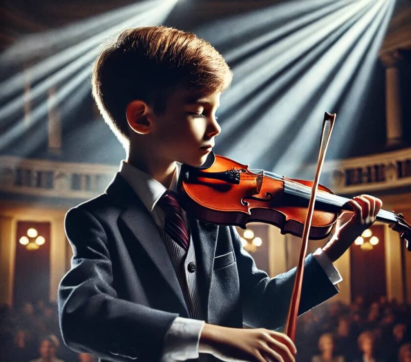little boy playing violin under the lights