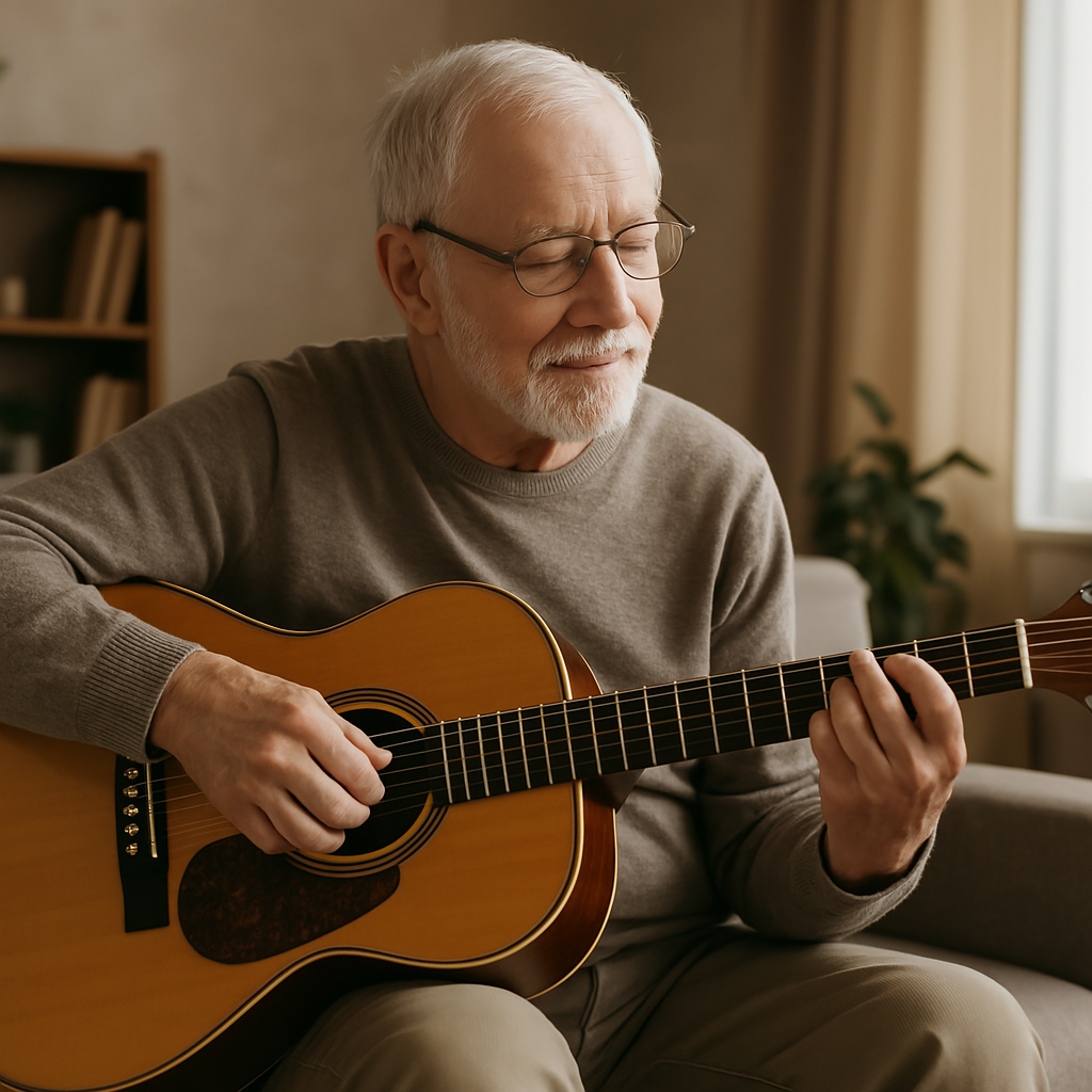 an old man is playing guitar