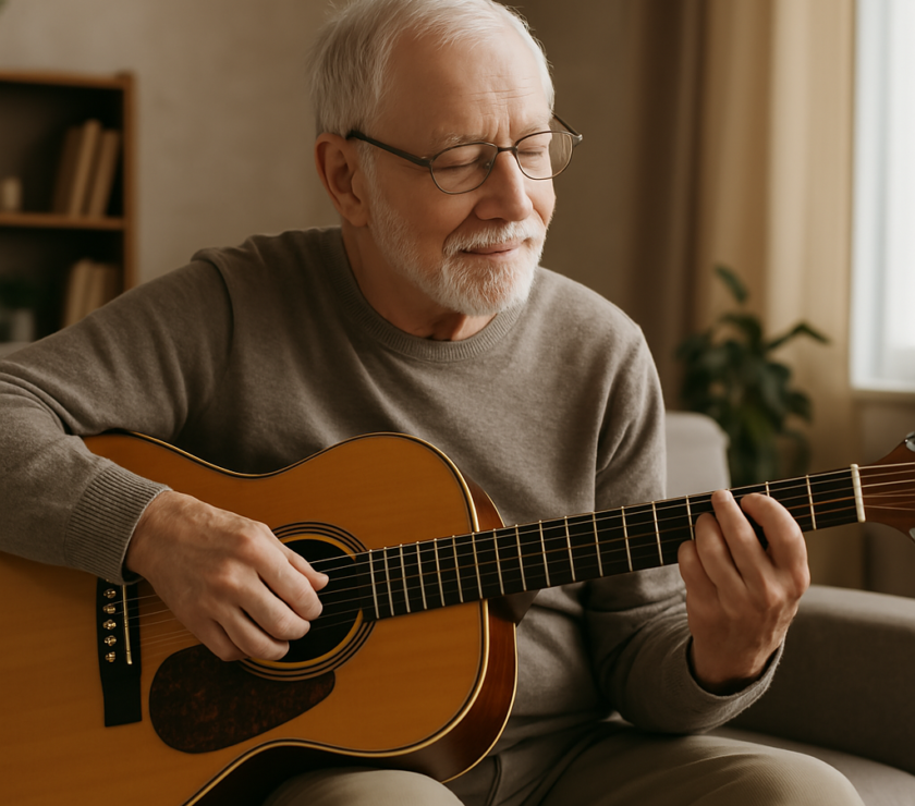 an old man is playing guitar