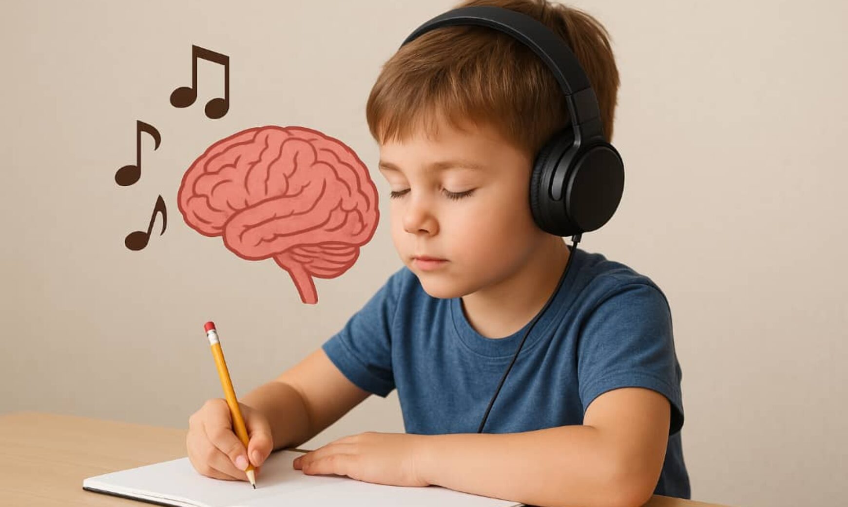 small boy is doing his homework and listening music