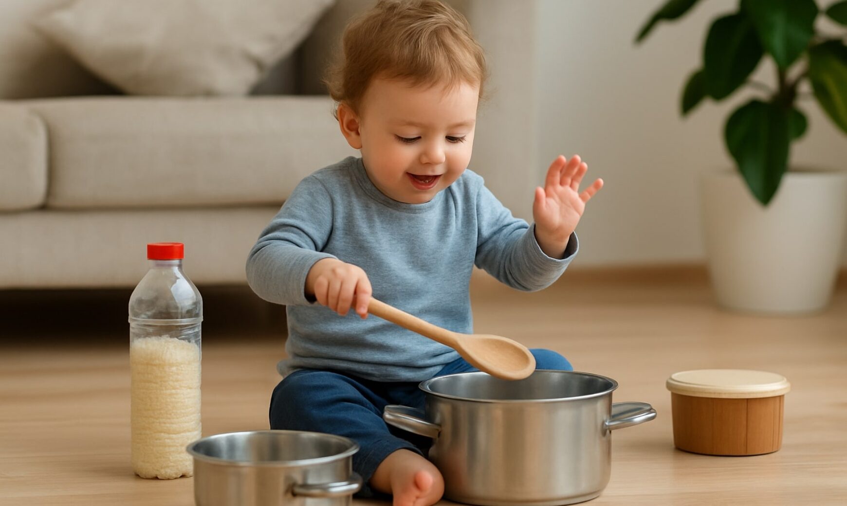 a boy playing with pot