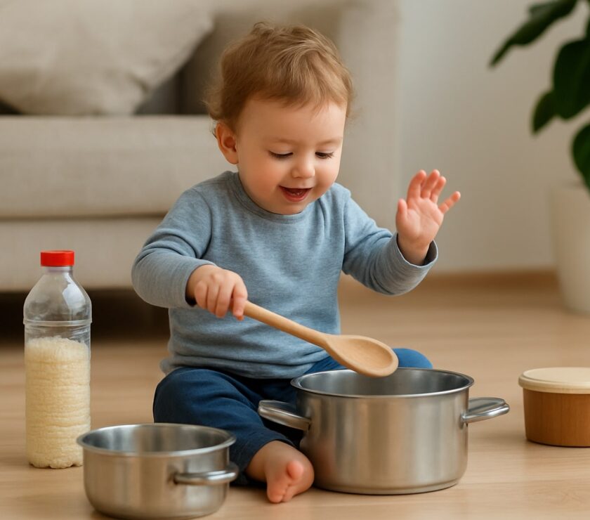a boy playing with pot