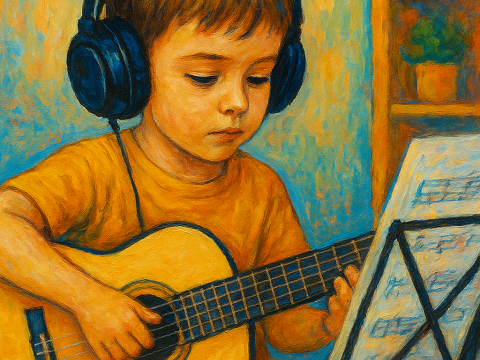 playing guitar at home