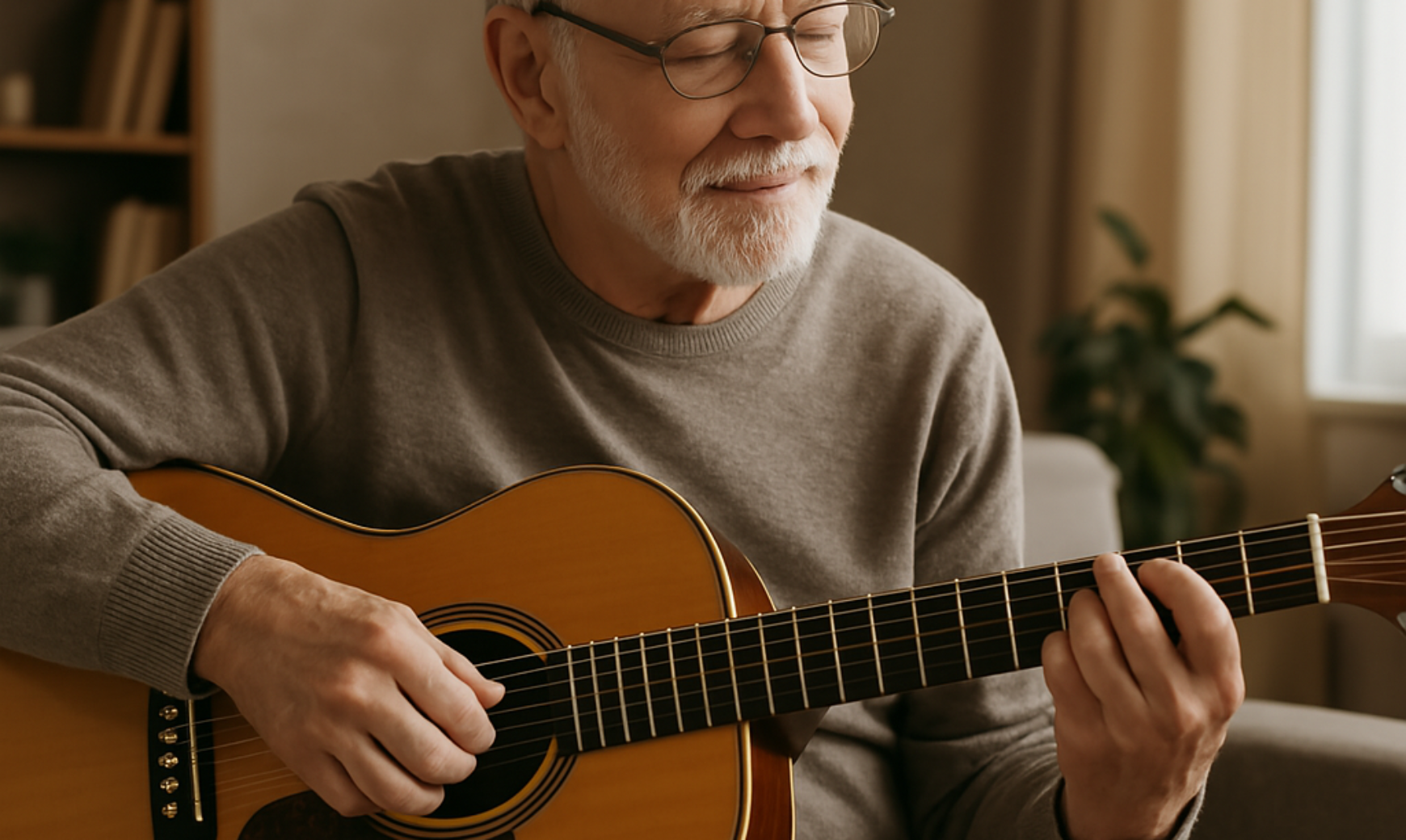 an old man is playing guitar