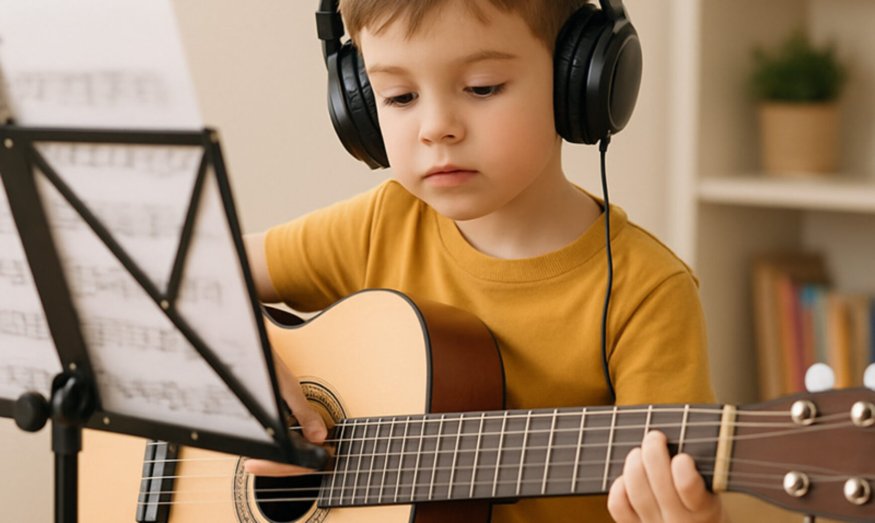 a 10 years old boy playing and learning guitar