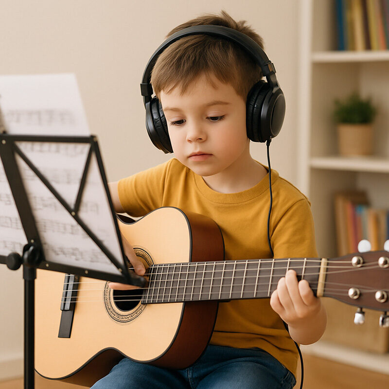 a 10 years old boy playing and learning guitar