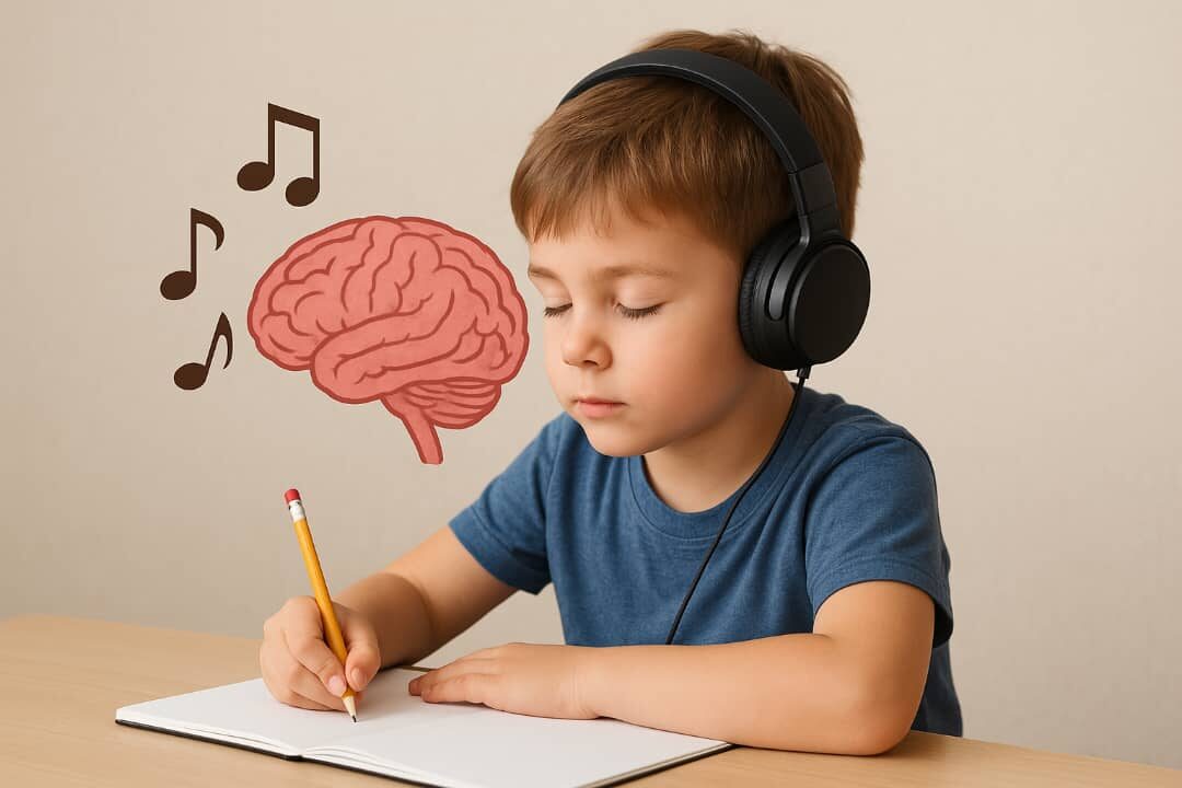 small boy is doing his homework and listening music