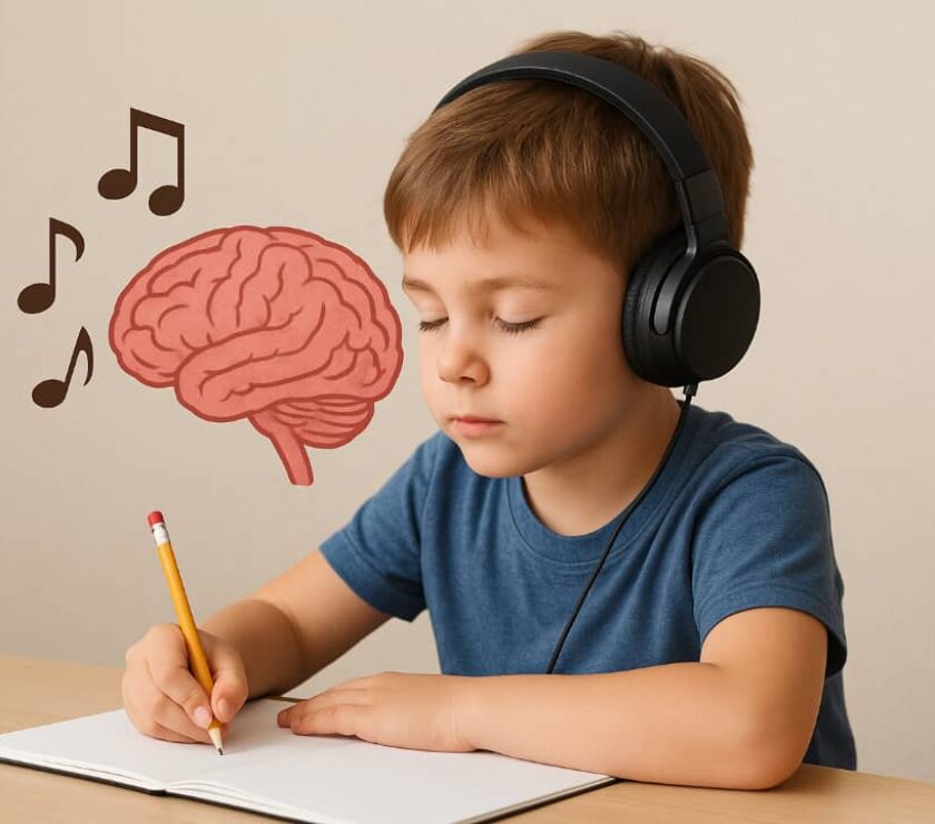 small boy is doing his homework and listening music