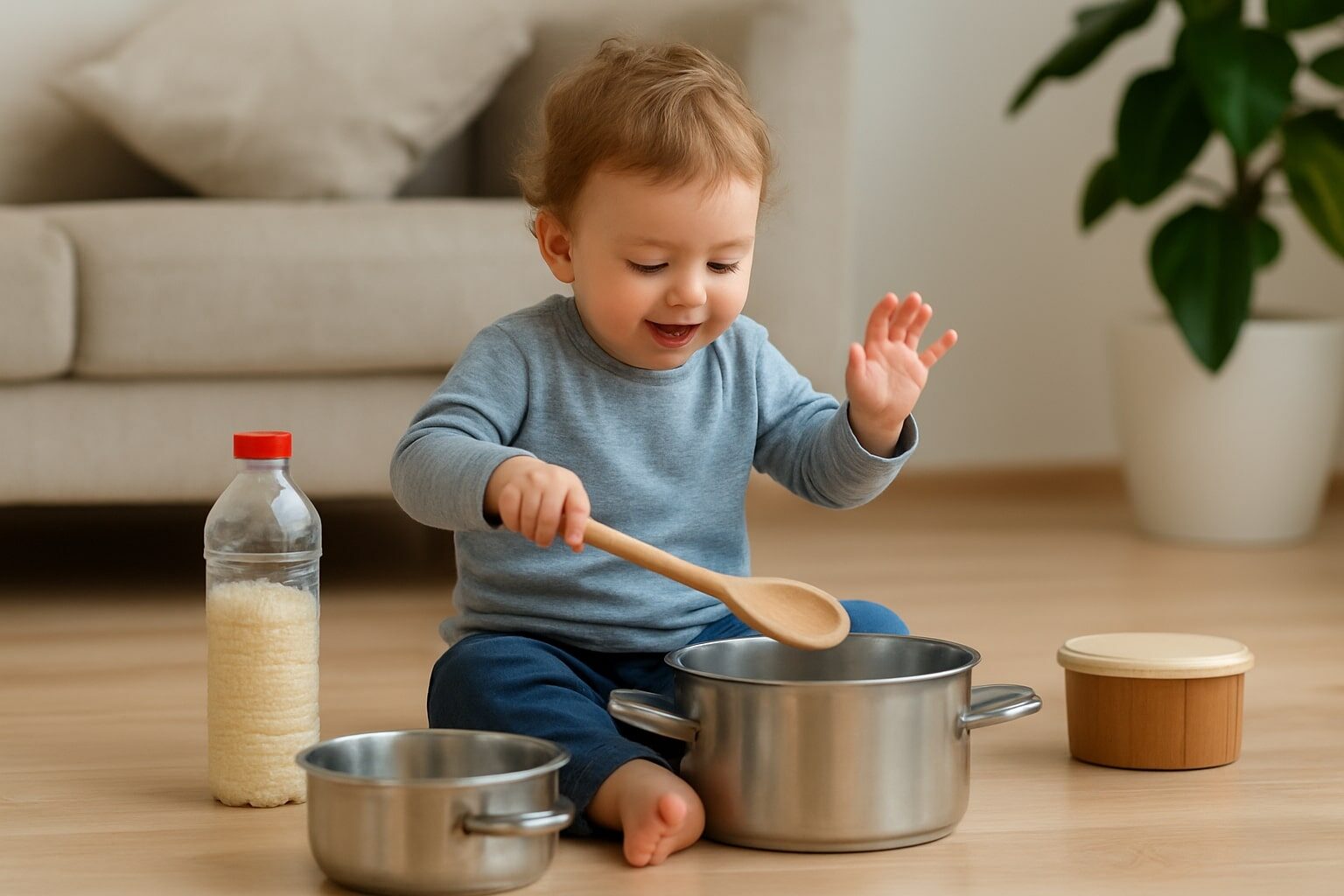 a boy playing with pot
